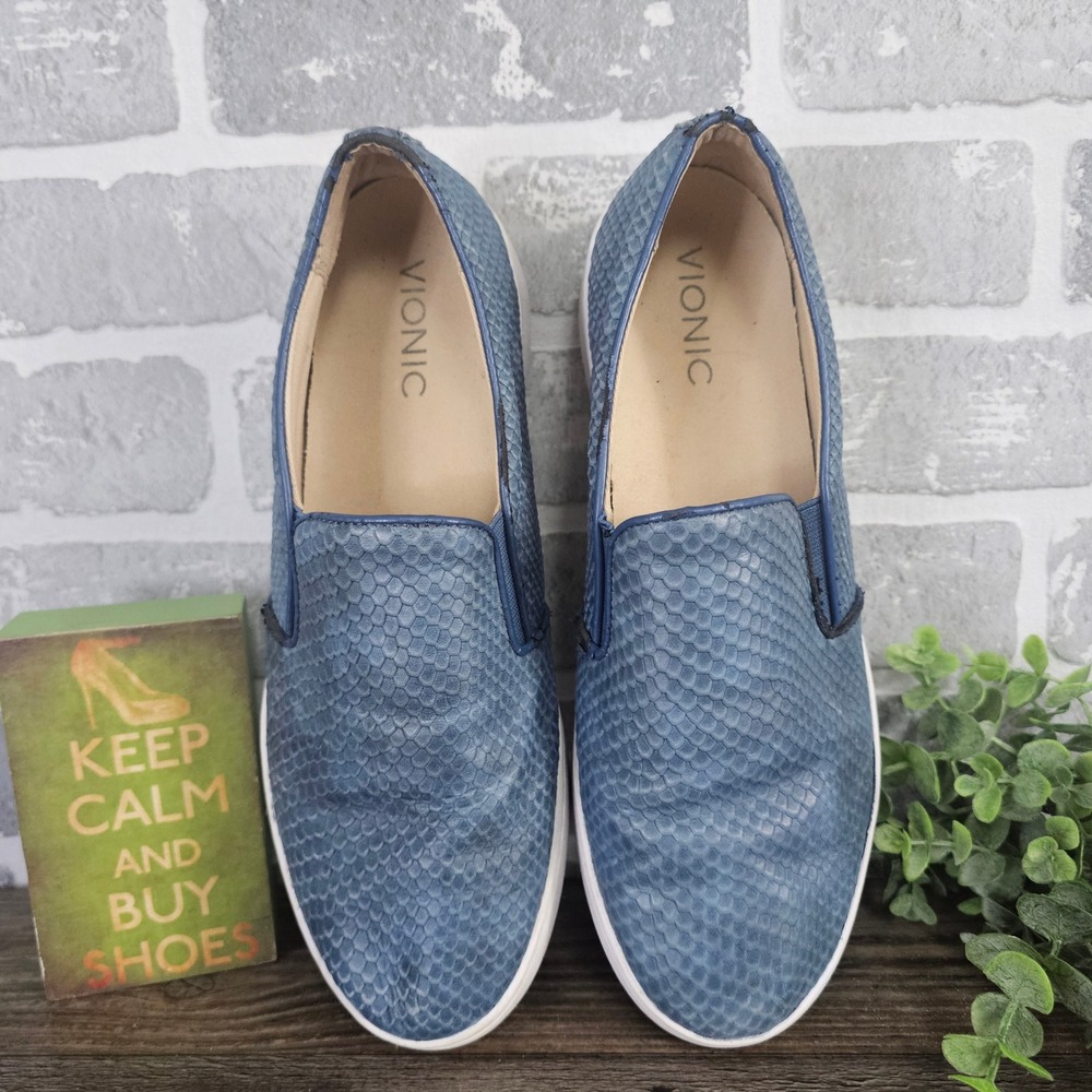 Vionic Midi Snake Blue Embossed Leather Slip On Sneakers Womens 9 TVW4810
